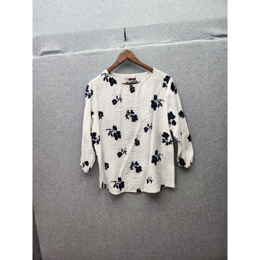 Ana & Rose White & Navy‎ Floral Print 3/4 Sleeve Womens Blouse M